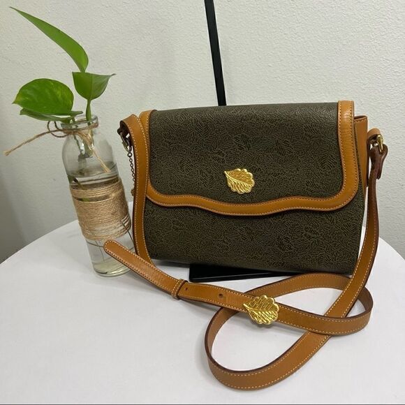 Nina Ricci Paris Crossbody Shoulder Bag Olive & Brown with Leaf Logo Vintage - Picture 1 of 9